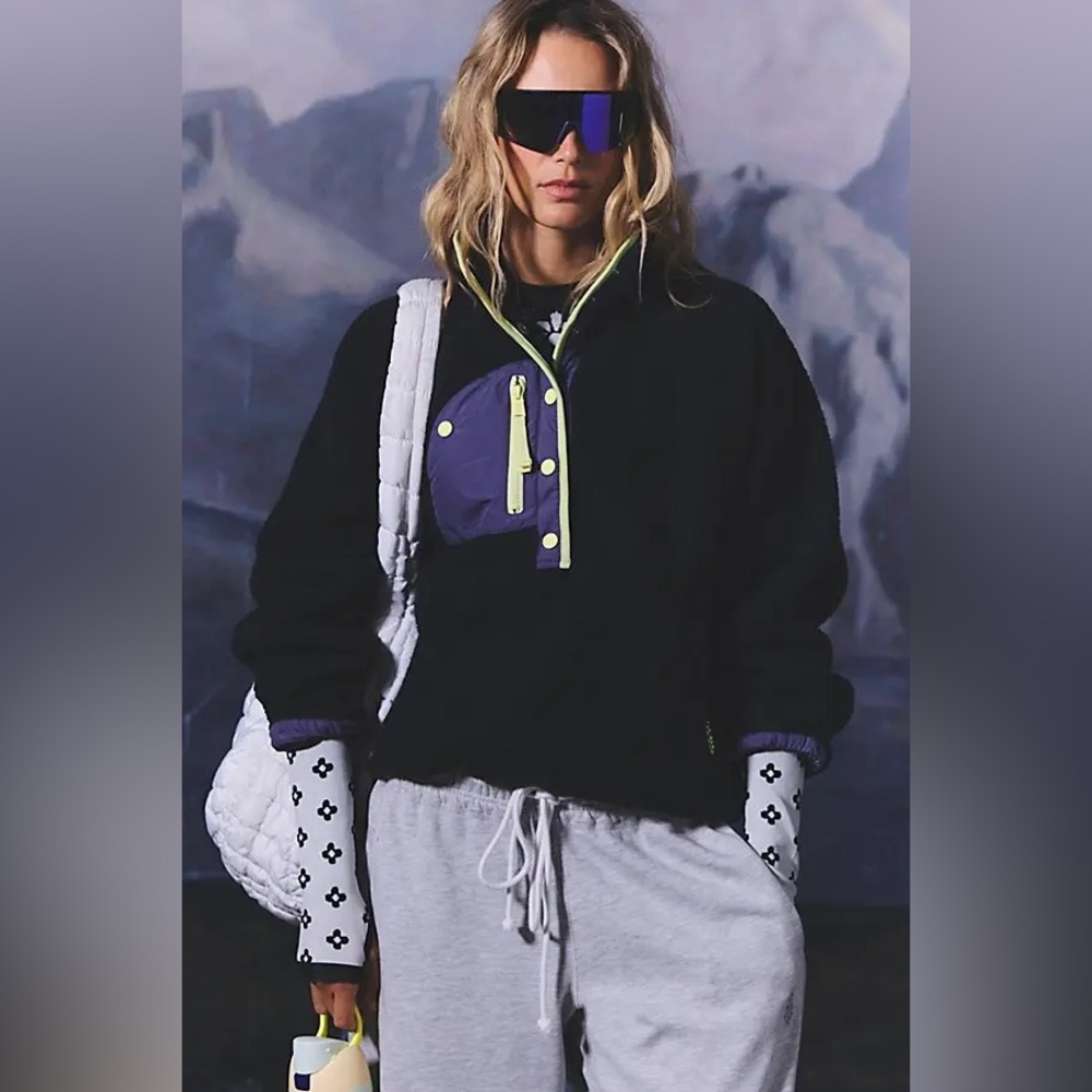 NWT Free People Hit The Slopes Fleece Jacket Black Graphite Combo - Picture 2 of 5